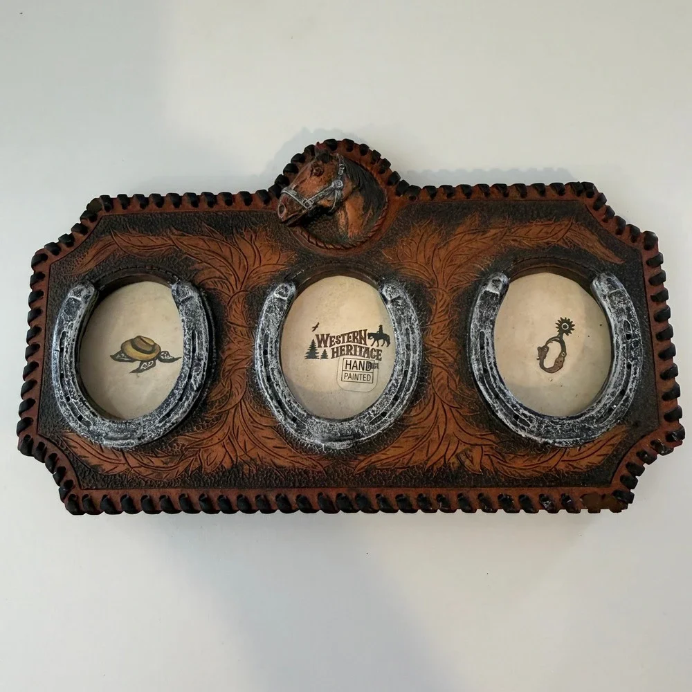 Western Heritage Triple Horseshoe Picture Frame Hand Painted Horse Head Decor